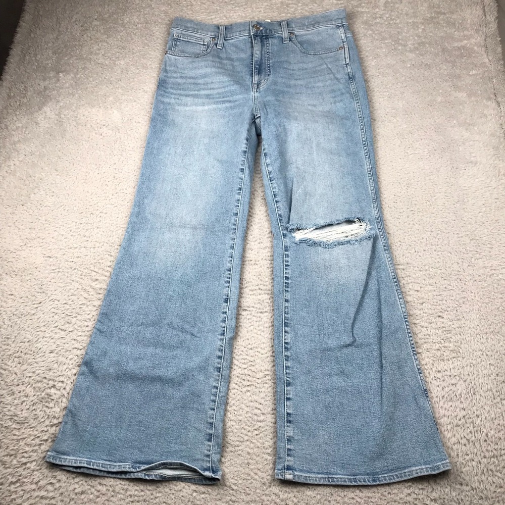 Madewell 11" High-Rise Flare Jeans Womens 30P (34x30) Light Wash Knee Hole Hippy
